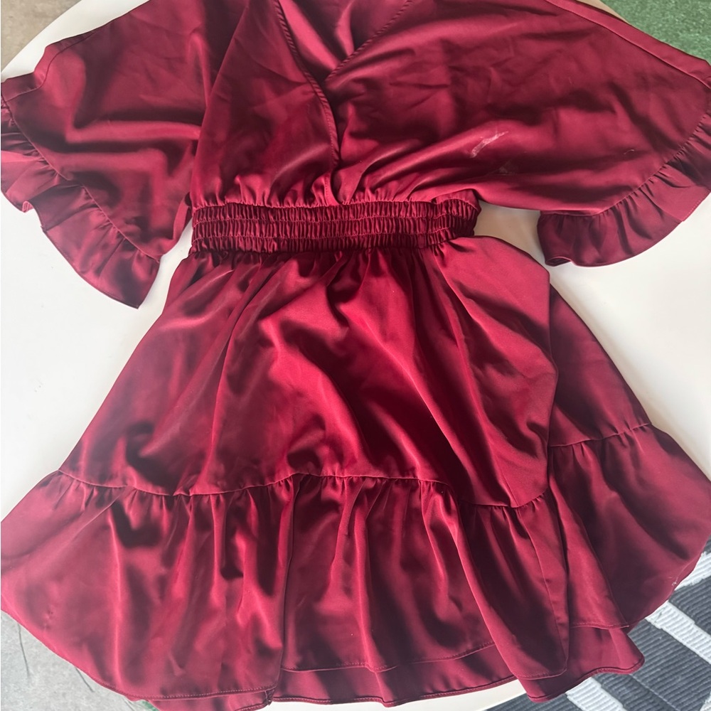 Women’s Mini Dress in Burgundy Satin with Ruffle Hem